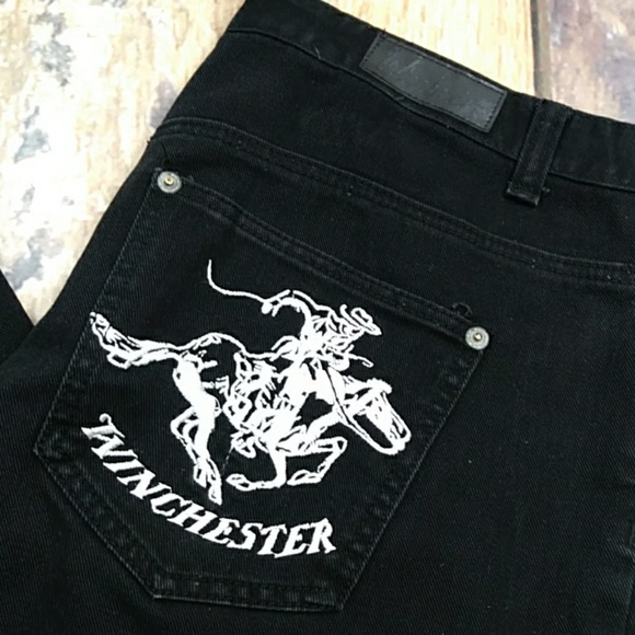 Winchester Distressed Black Denim Jeans Embroidered Horse and Rider Size 38/32 - Picture 2 of 8